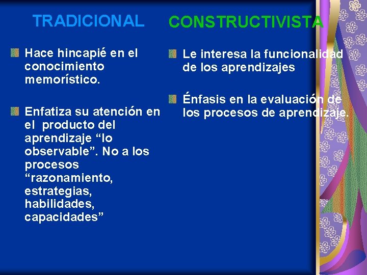 TRADICIONAL Hace hincapié en el conocimiento memorístico. Enfatiza su atención en el producto del