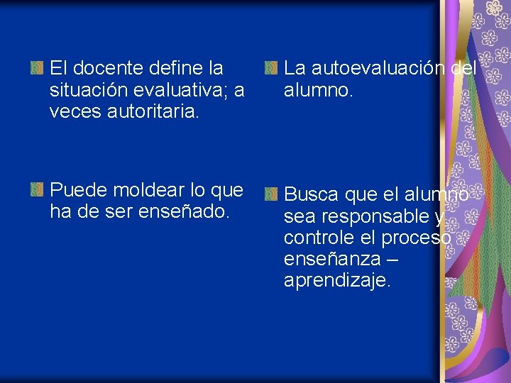 El docente define la situación evaluativa; a veces autoritaria. La autoevaluación del alumno. Puede