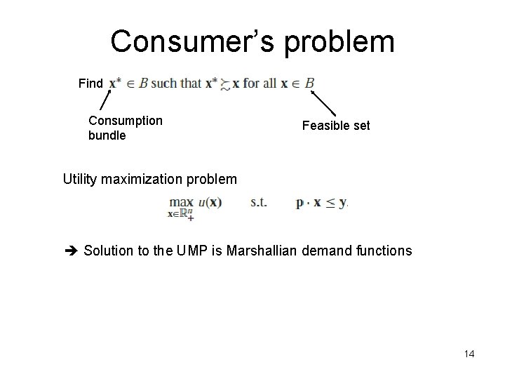 Consumer’s problem Find Consumption bundle Feasible set Utility maximization problem Solution to the UMP