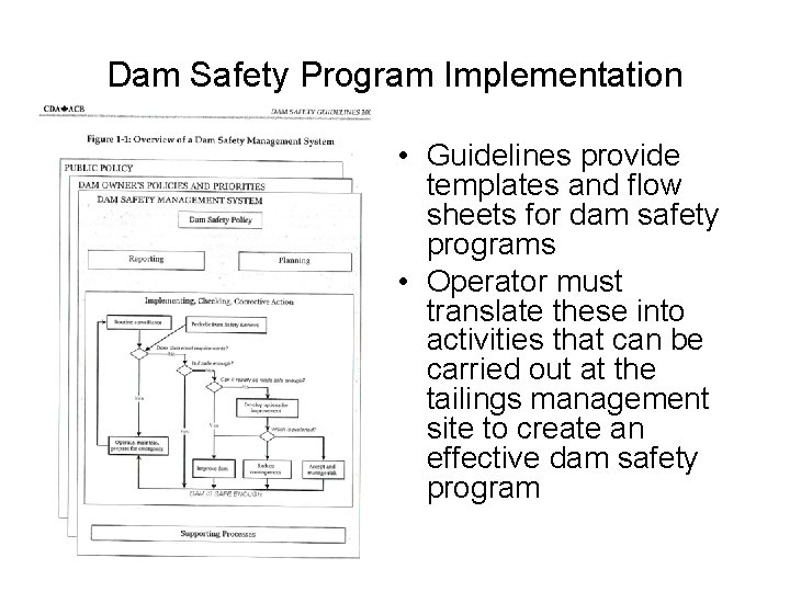 Dam Safety Program Implementation • Guidelines provide templates and flow sheets for dam safety