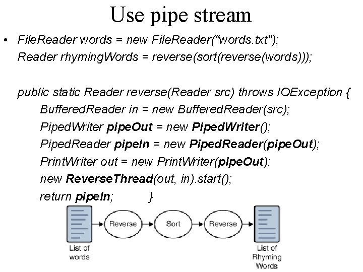 Use pipe stream • File. Reader words = new File. Reader("words. txt"); Reader rhyming.