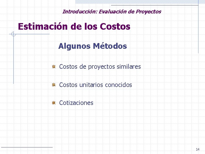 Introducción: Evaluación de Proyectos Estimación de los Costos Algunos Métodos Costos de proyectos similares