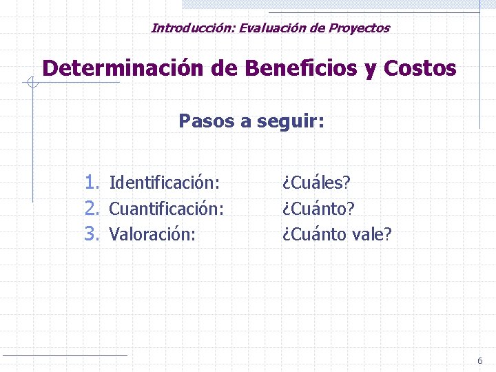 Introducción: Evaluación de Proyectos Determinación de Beneficios y Costos Pasos a seguir: 1. Identificación: