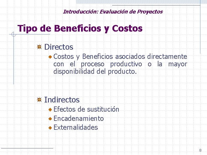 Introducción: Evaluación de Proyectos Tipo de Beneficios y Costos Directos Costos y Beneficios asociados