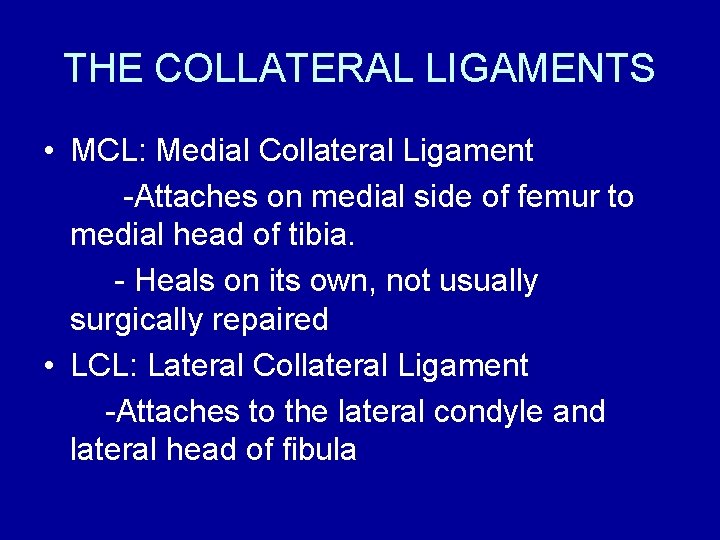 THE COLLATERAL LIGAMENTS • MCL: Medial Collateral Ligament -Attaches on medial side of femur