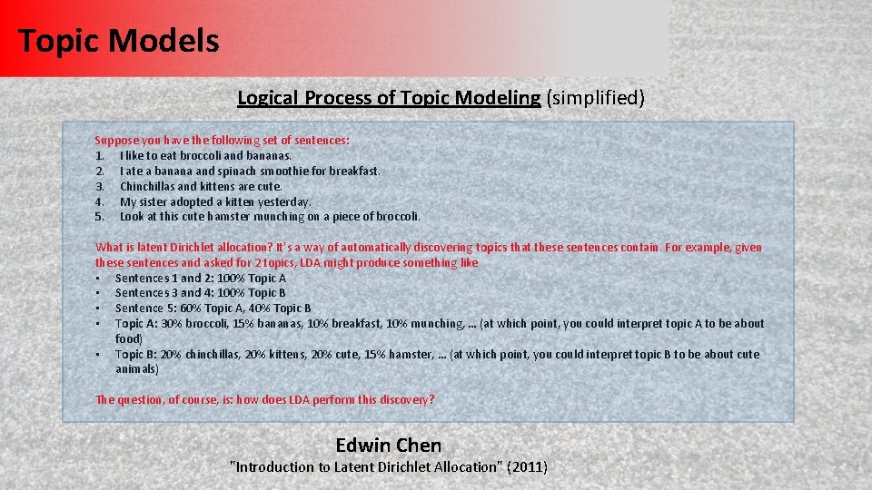 Topic Models Logical Process of Topic Modeling (simplified) Suppose you have the following set