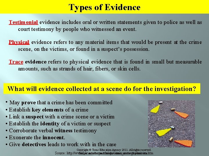 Types of Evidence Testimonial evidence includes oral or written statements given to police as