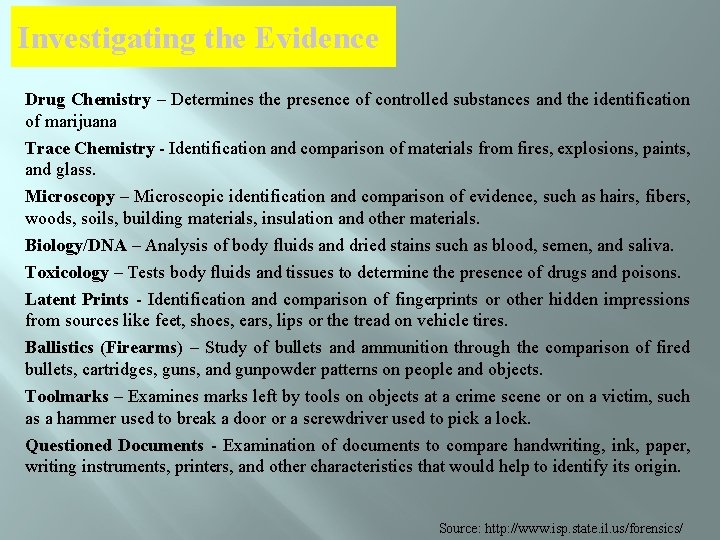 Investigating the Evidence Drug Chemistry – Determines the presence of controlled substances and the