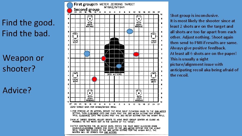 First group Second group Find the good. Find the bad. Weapon or shooter? Advice?