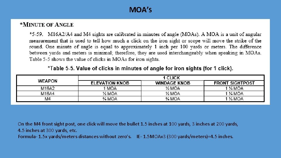 MOA’S On the M 4 front sight post, one click will move the bullet