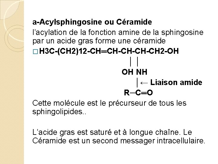 a-Acylsphingosine ou Céramide l’acylation de la fonction amine de la sphingosine par un acide