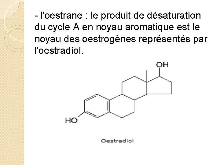 - l'oestrane : le produit de désaturation du cycle A en noyau aromatique est