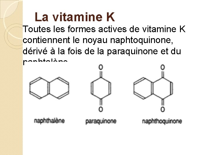 La vitamine K Toutes les formes actives de vitamine K contiennent le noyau naphtoquinone,