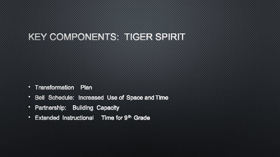 KEY COMPONENTS: TIGER SPIRIT • TRANSFORMATION PLAN • BELL SCHEDULE: INCREASED USE OF SPACE