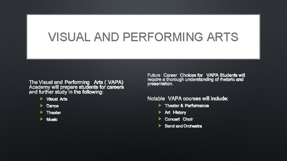 VISUAL AND PERFORMING ARTS THE VISUAL AND PERFORMING ARTS (VAPA) ACADEMY WILL PREPARE STUDENTS