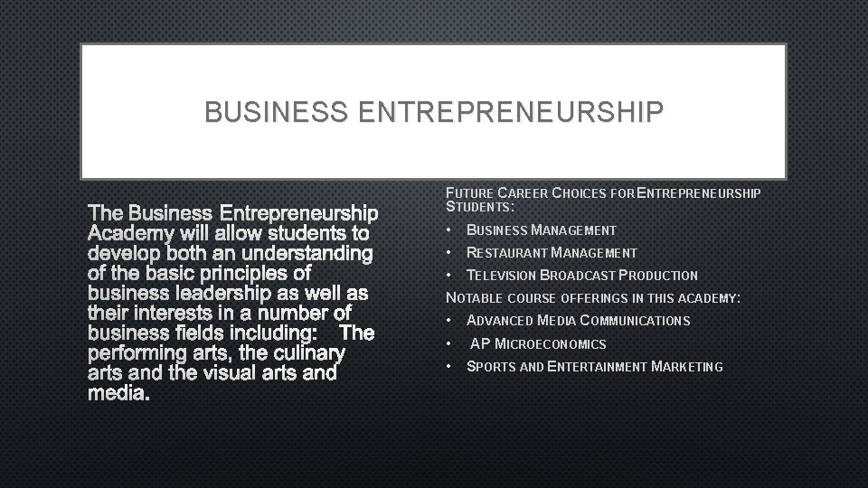 BUSINESS ENTREPRENEURSHIP THE BUSINESS ENTREPRENEURSHIP ACADEMY WILL ALLOW STUDENTS TO DEVELOP BOTH AN UNDERSTANDING