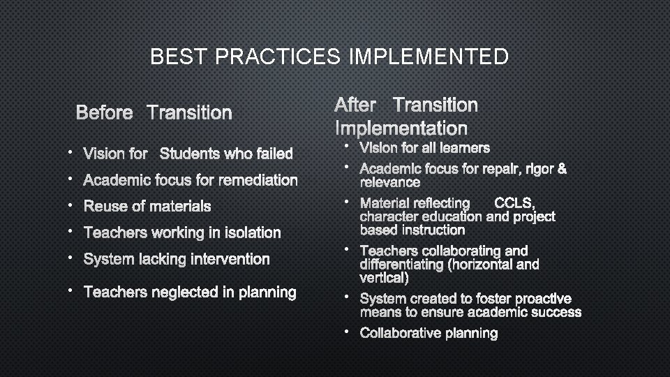 BEST PRACTICES IMPLEMENTED BEFORE TRANSITION AFTER TRANSITION IMPLEMENTATION • VISION FOR STUDENTS WHO FAILED