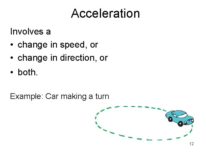 Acceleration Involves a • change in speed, or • change in direction, or •