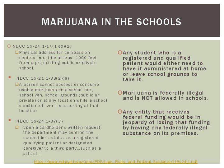 MARIJUANA IN THE SCHOOLS NDCC 19 -24. 1 -14(1)(d)(2) q Physical address for compassion