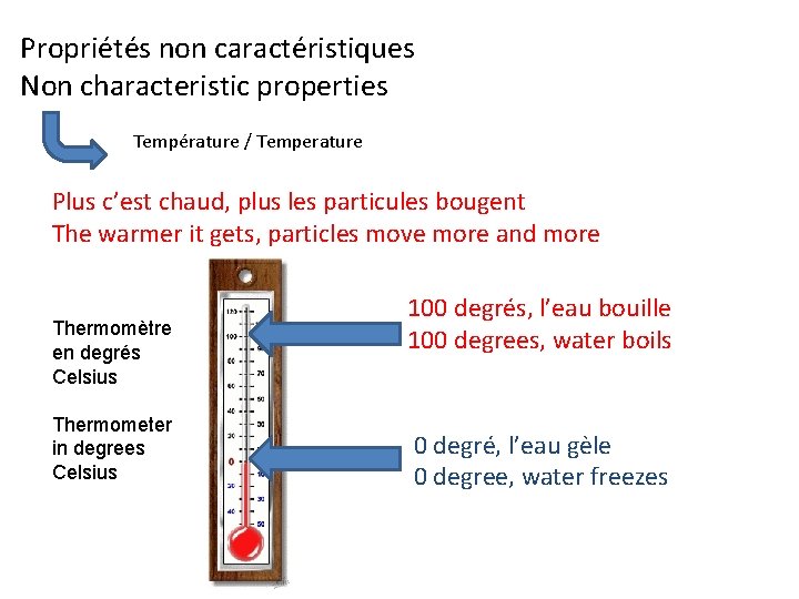 Propriétés non caractéristiques Non characteristic properties Température / Temperature Plus c’est chaud, plus les