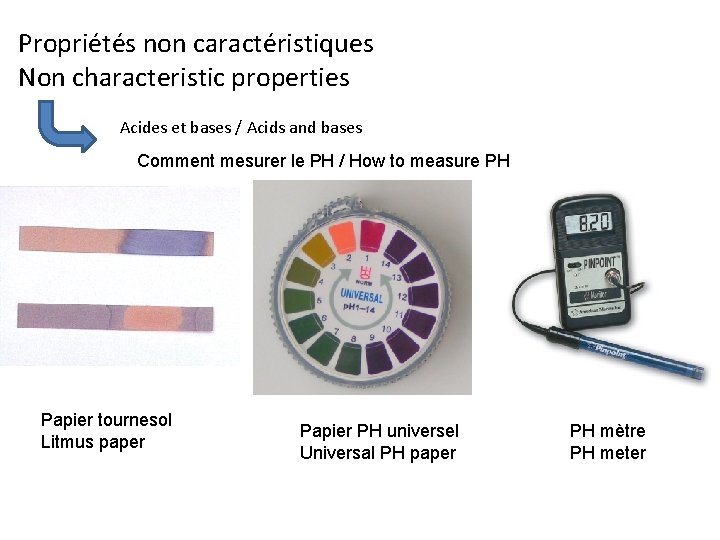 Propriétés non caractéristiques Non characteristic properties Acides et bases / Acids and bases Comment