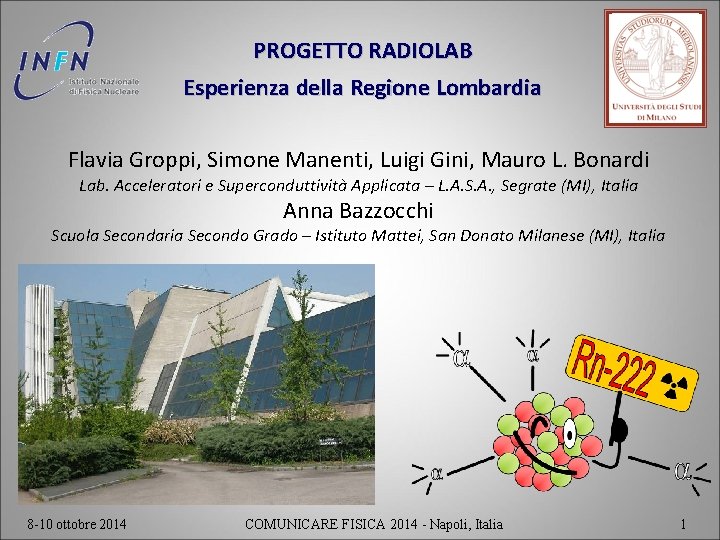 PROGETTO RADIOLAB Esperienza della Regione Lombardia Flavia Groppi, Simone Manenti, Luigi Gini, Mauro L.