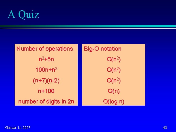A Quiz Number of operations Big-O notation n 2+5 n O(n 2) 100 n+n