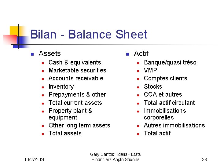 Bilan - Balance Sheet n Assets n n n n n 10/27/2020 n Cash