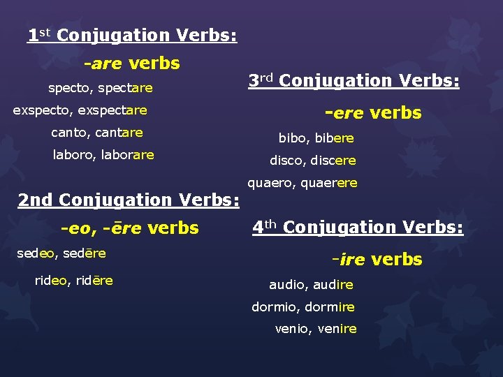 1 st Conjugation Verbs: -are verbs specto, spectare exspecto, exspectare canto, cantare laboro, laborare