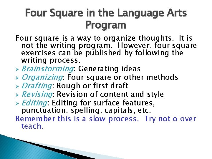 Four Square in the Language Arts Program Four square is a way to organize