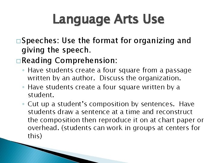 Language Arts Use � Speeches: Use the format for organizing and giving the speech.