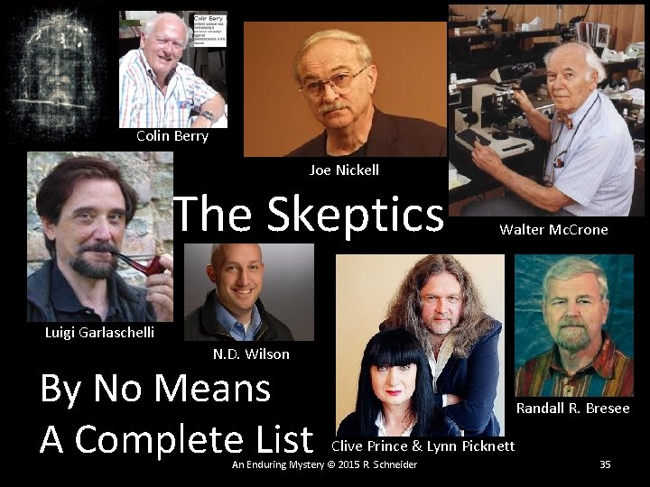 Colin Berry Joe Nickell The Skeptics Walter Mc. Crone Luigi Garlaschelli N. D. Wilson Colin Berry Joe Nickell The Skeptics Walter Mc. Crone Luigi Garlaschelli N. D. Wilson