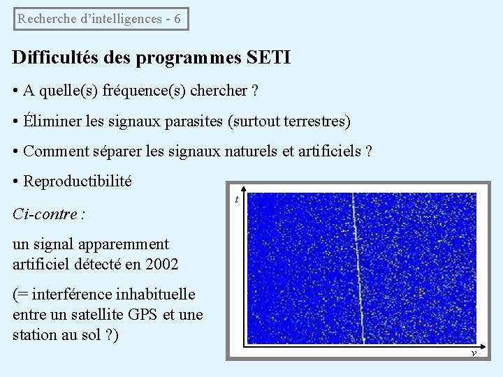 Recherche d’intelligences - 6 Difficultés des programmes SETI • A quelle(s) fréquence(s) cher ?