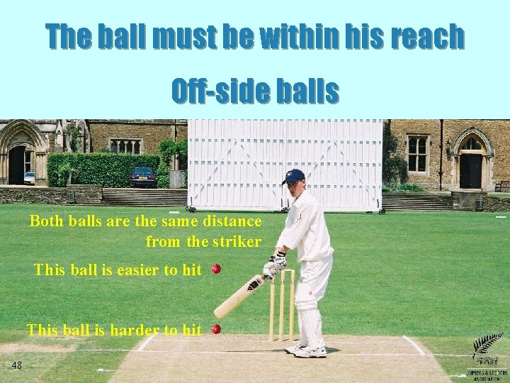 The ball must be within his reach Off-side balls Both balls are the same
