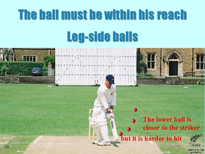 The ball must be within his reach Leg-side balls The lower ball is closer