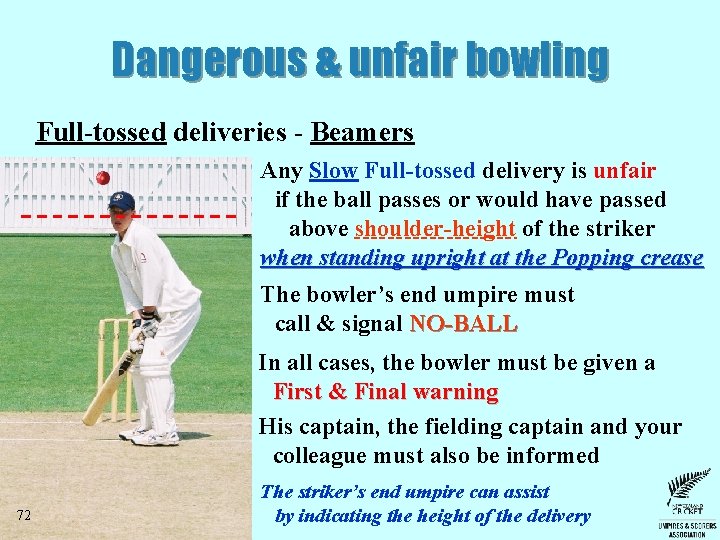 Dangerous & unfair bowling Full-tossed deliveries - Beamers Any Slow Full-tossed delivery is unfair