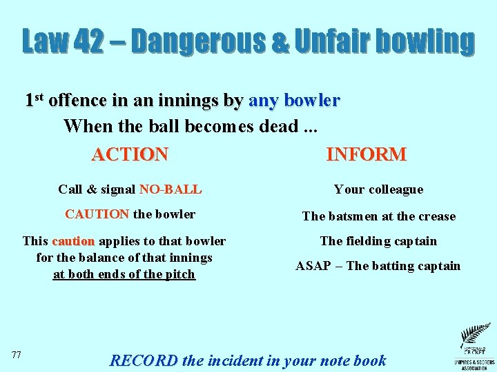 Law 42 – Dangerous & Unfair bowling 1 st offence in an innings by