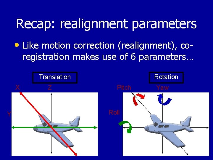 Recap: realignment parameters • Like motion correction (realignment), co- registration makes use of 6
