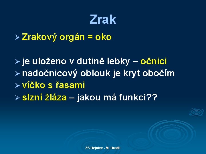 Zrak Ø Zrakový orgán = oko Ø je uloženo v dutině lebky – očnici