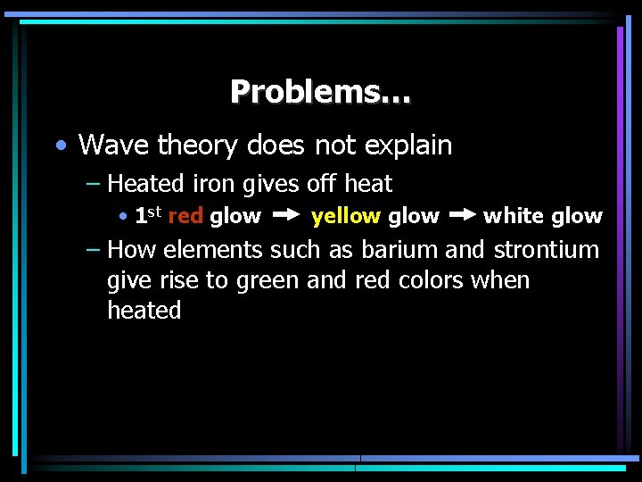 Problems… • Wave theory does not explain – Heated iron gives off heat •