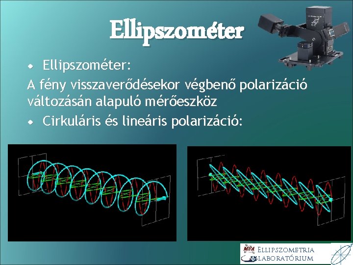 Ellipszométer: A fény visszaverődésekor végbenő polarizáció változásán alapuló mérőeszköz Cirkuláris és lineáris polarizáció: Ellipszometria Ellipszométer: A fény visszaverődésekor végbenő polarizáció változásán alapuló mérőeszköz Cirkuláris és lineáris polarizáció: Ellipszometria