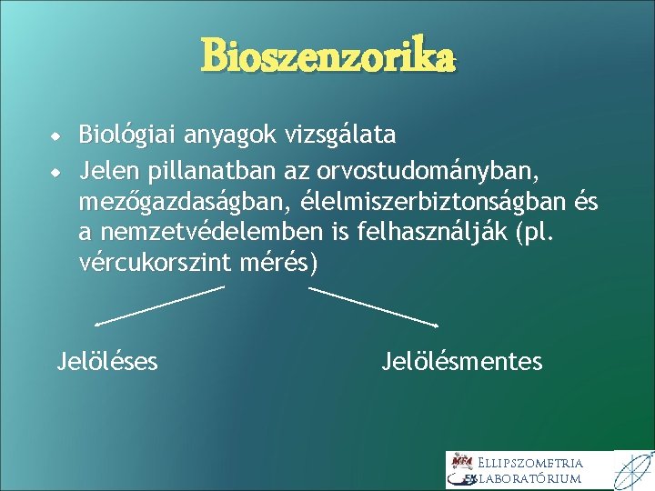 Bioszenzorika Biológiai anyagok vizsgálata Jelen pillanatban az orvostudományban, mezőgazdaságban, élelmiszerbiztonságban és a nemzetvédelemben is Bioszenzorika Biológiai anyagok vizsgálata Jelen pillanatban az orvostudományban, mezőgazdaságban, élelmiszerbiztonságban és a nemzetvédelemben is