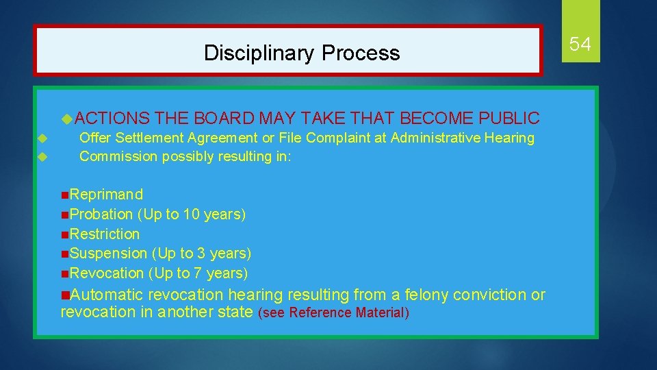  Disciplinary Process u. ACTIONS THE BOARD MAY TAKE THAT BECOME PUBLIC u Offer