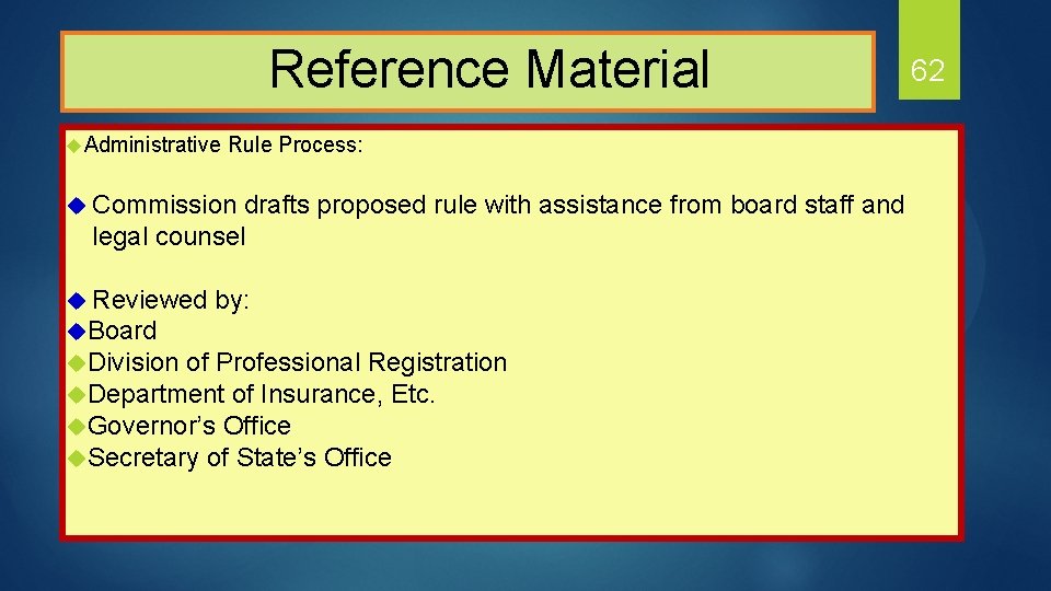  Reference Material 62 u. Administrative Rule Process: u Commission drafts proposed rule with
