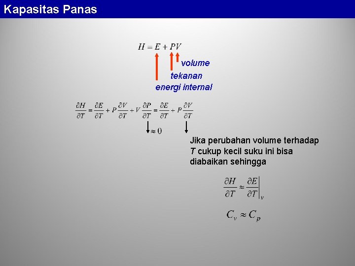 Kapasitas Panas volume tekanan energi internal Jika perubahan volume terhadap T cukup kecil suku