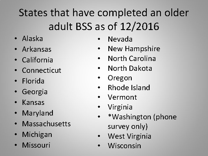 States that have completed an older adult BSS as of 12/2016 • • •