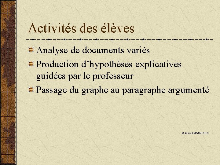 Activités des élèves Analyse de documents variés Production d’hypothèses explicatives guidées par le professeur