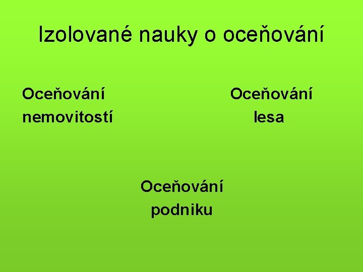 Izolované nauky o oceňování Oceňování Oceňování nemovitostí lesa Oceňování podniku 