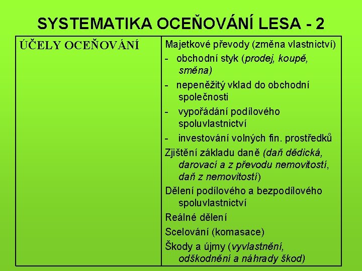 SYSTEMATIKA OCEŇOVÁNÍ LESA - 2 ÚČELY OCEŇOVÁNÍ Majetkové převody (změna vlastnictví) - obchodní styk