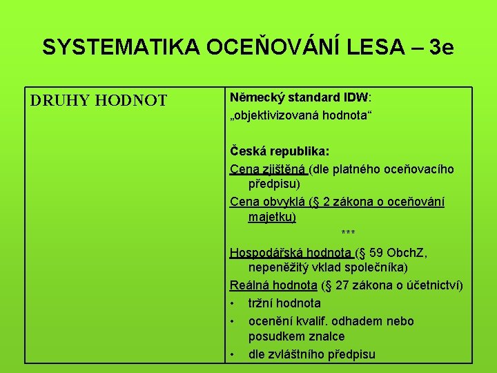 SYSTEMATIKA OCEŇOVÁNÍ LESA – 3 e DRUHY HODNOT Německý standard IDW: „objektivizovaná hodnota“ Česká
